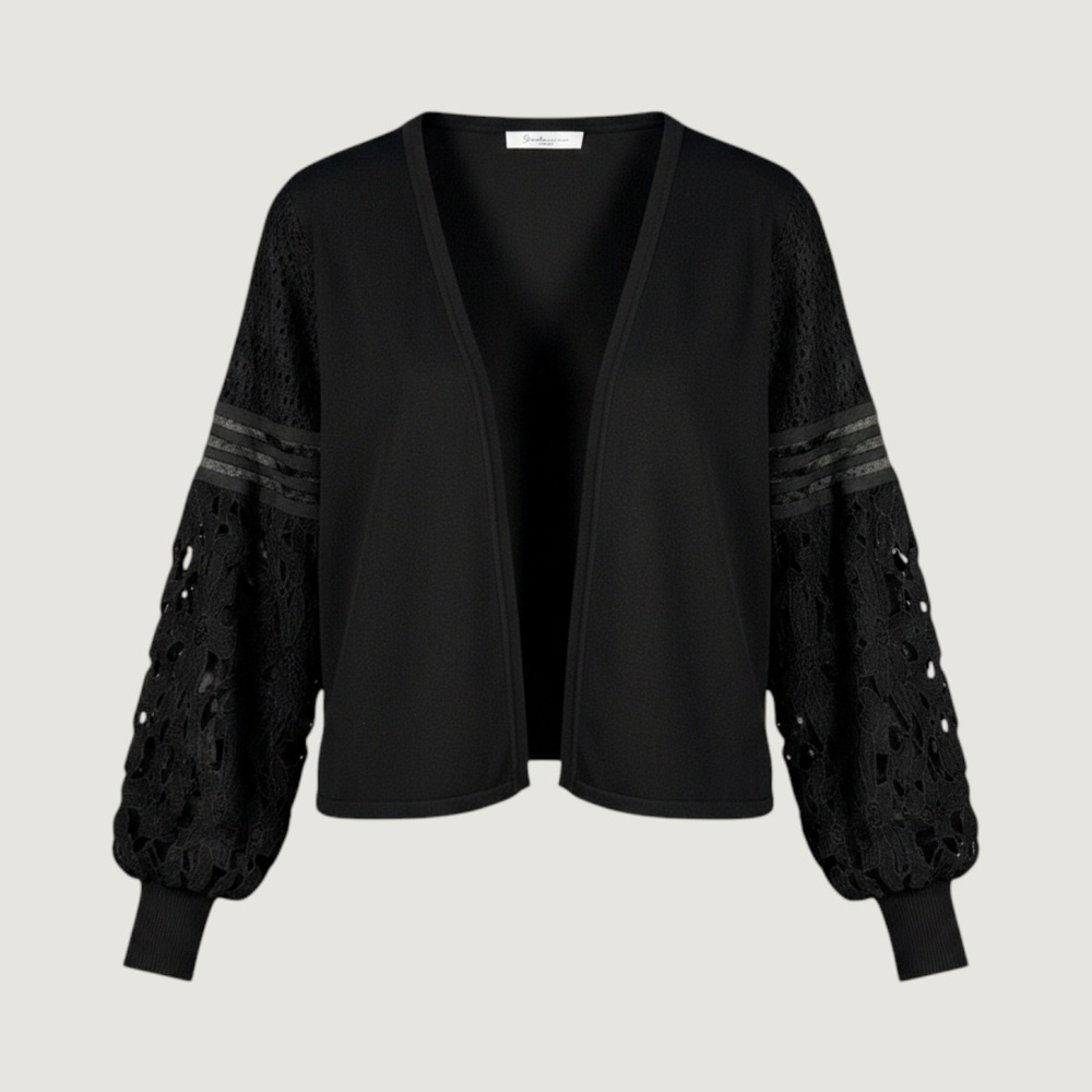Sioni Milano‎ Black Lace Sleeve Cropped Cardigan Hook Closure Womens